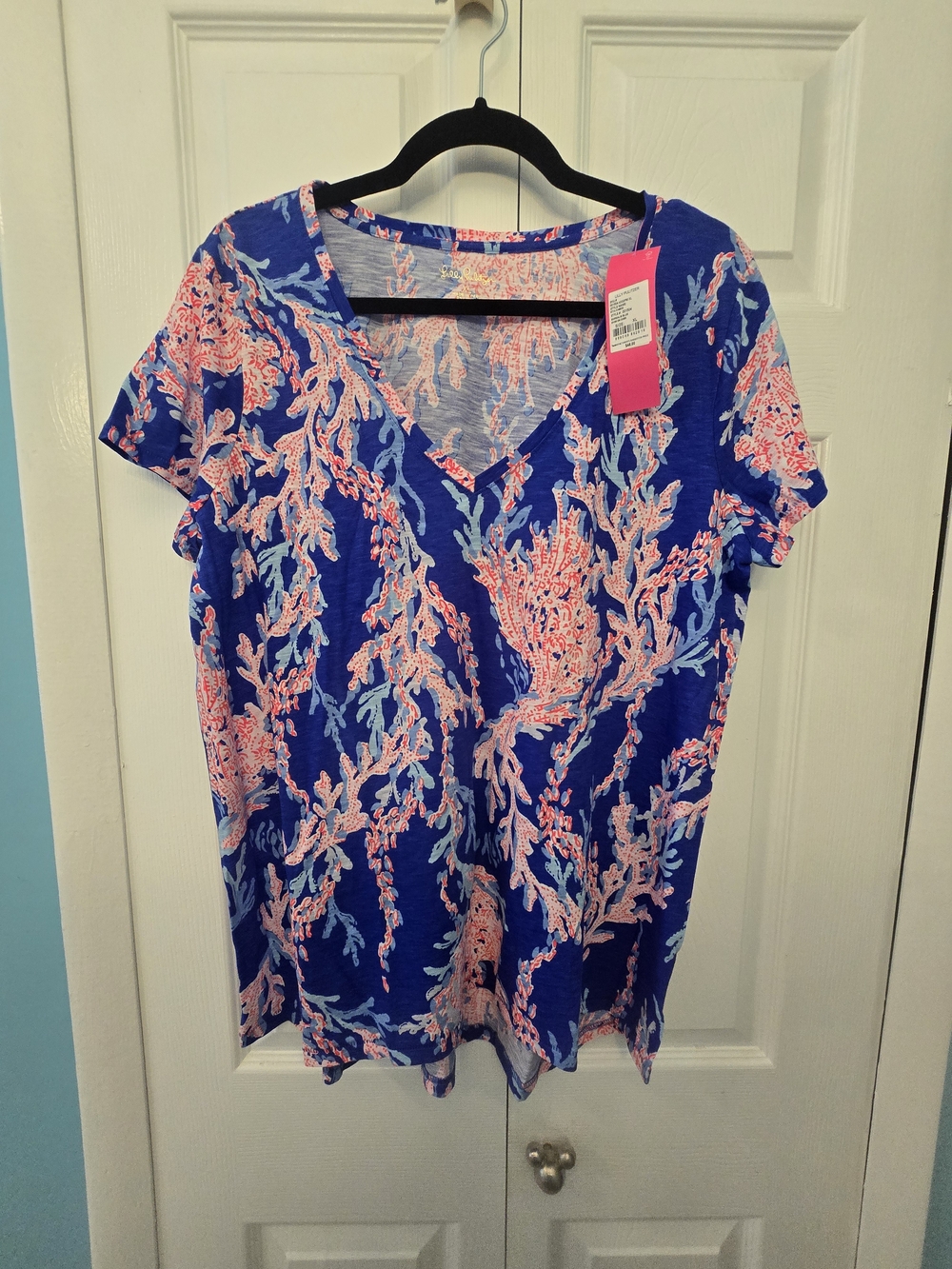 Lilly Pulitzer Etta V-Neck Borealis Blue Short Sleeve Shirt NWT XL